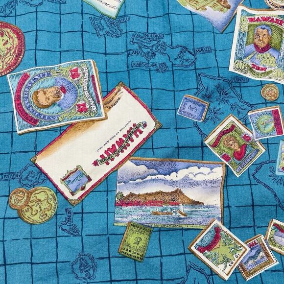 Vintage Paradise Found Hawaiian Shirt Mens XL Blue Postcards Coins Stamps Island - Picture 5 of 8